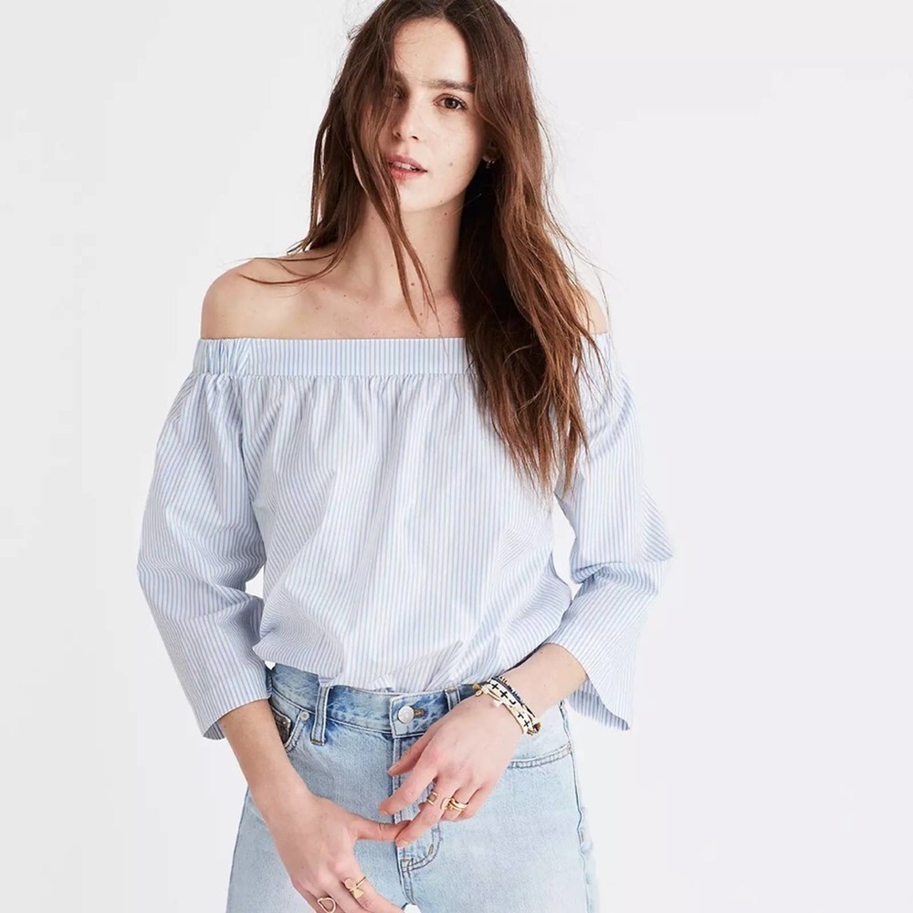Madewell Clean Off-the-Shoulder Top in Stripe blue white size small